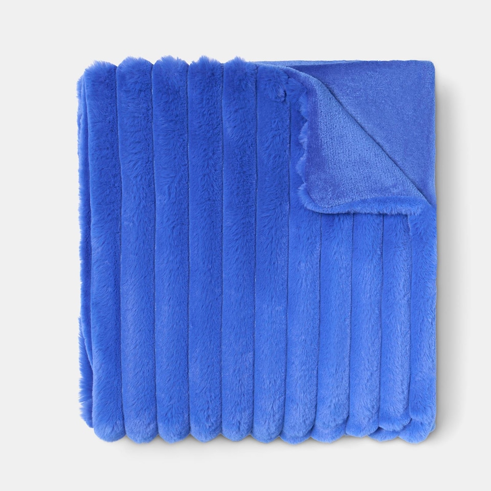 image 1 of OHS Faux Fur Ribbed Fleece Throw Over Bed Blanket Winter Warm Supersoft - 125 x 150cm | Blue | Cobalt Blue