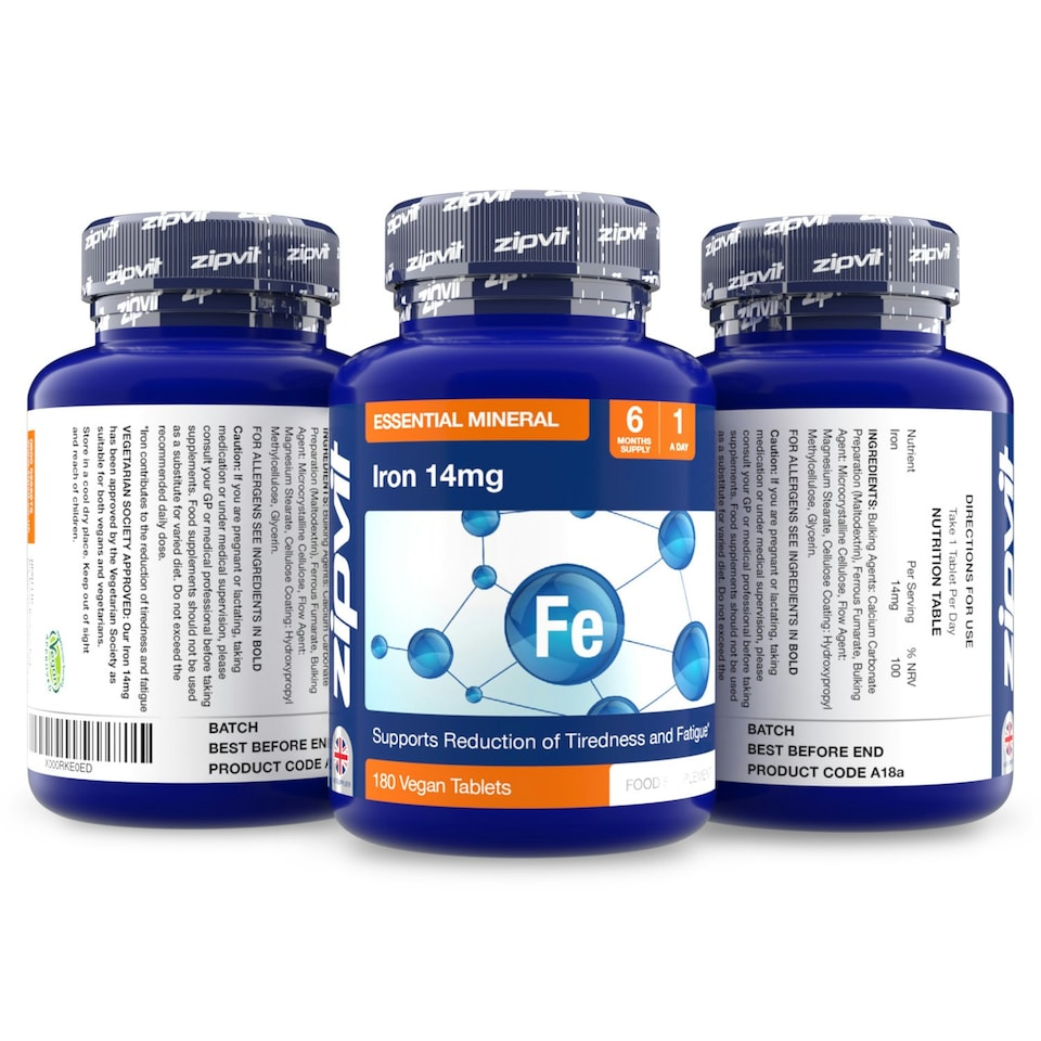 image 1 of Iron 14mg Ferrous Fumarate, 180 Vegan Tablets, High Strength, Supports Cognition, Immunity & Reduces Fatigue