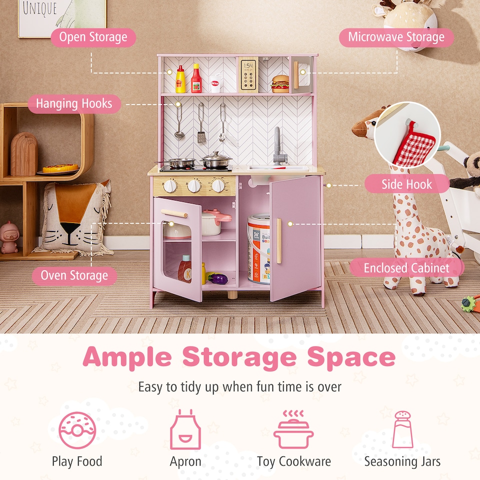 image 1 of COSTWAY Kids Kitchen Playset Pretend Play Kitchen Set with Sounds-Pink