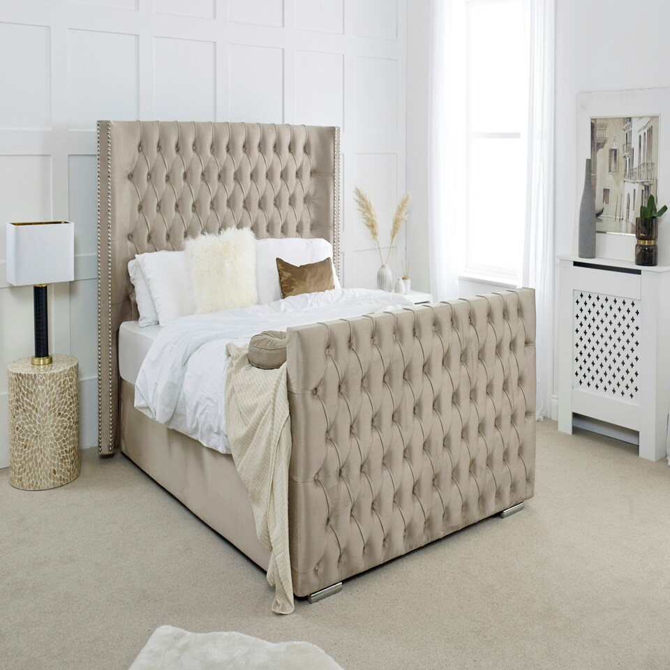 image 1 of Meila Plush Double Bed Frame - Beige