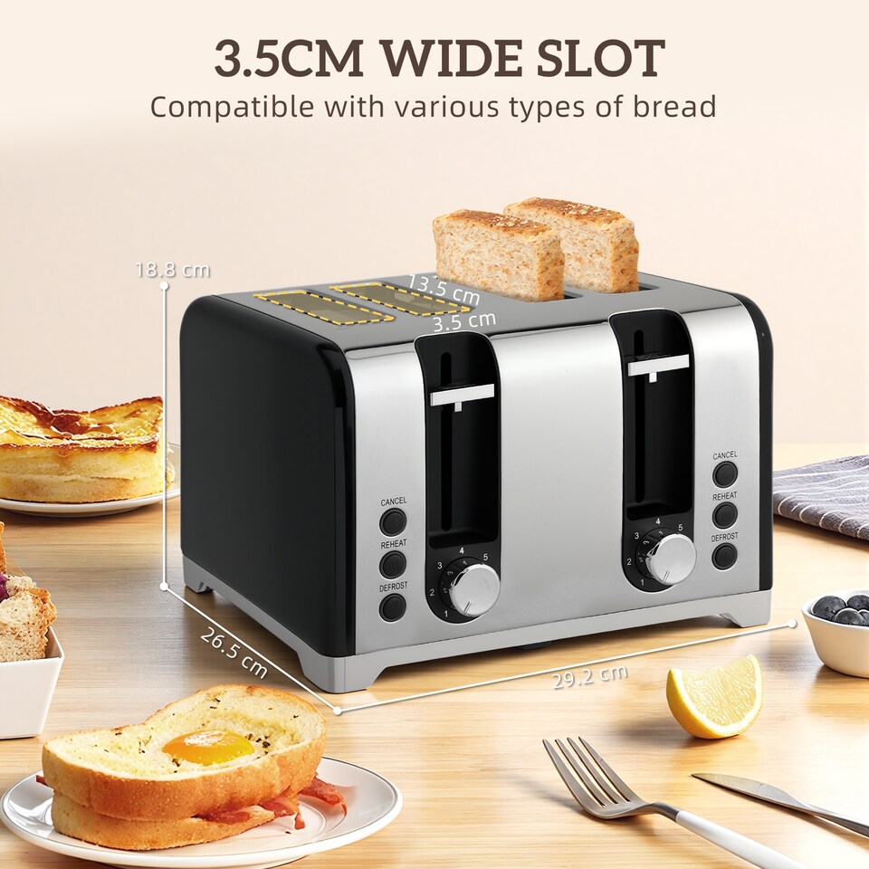 image 1 of HOMCOM Retro Kettle and Toaster Set with Temperature Gauge, 1.7L 3000W Rapid Boil Jug Kettle with Otter Thermostat, Limescale Filter, 4 Slice Toaster with 7 Browning Controls, Crumb Tray, Black | Black