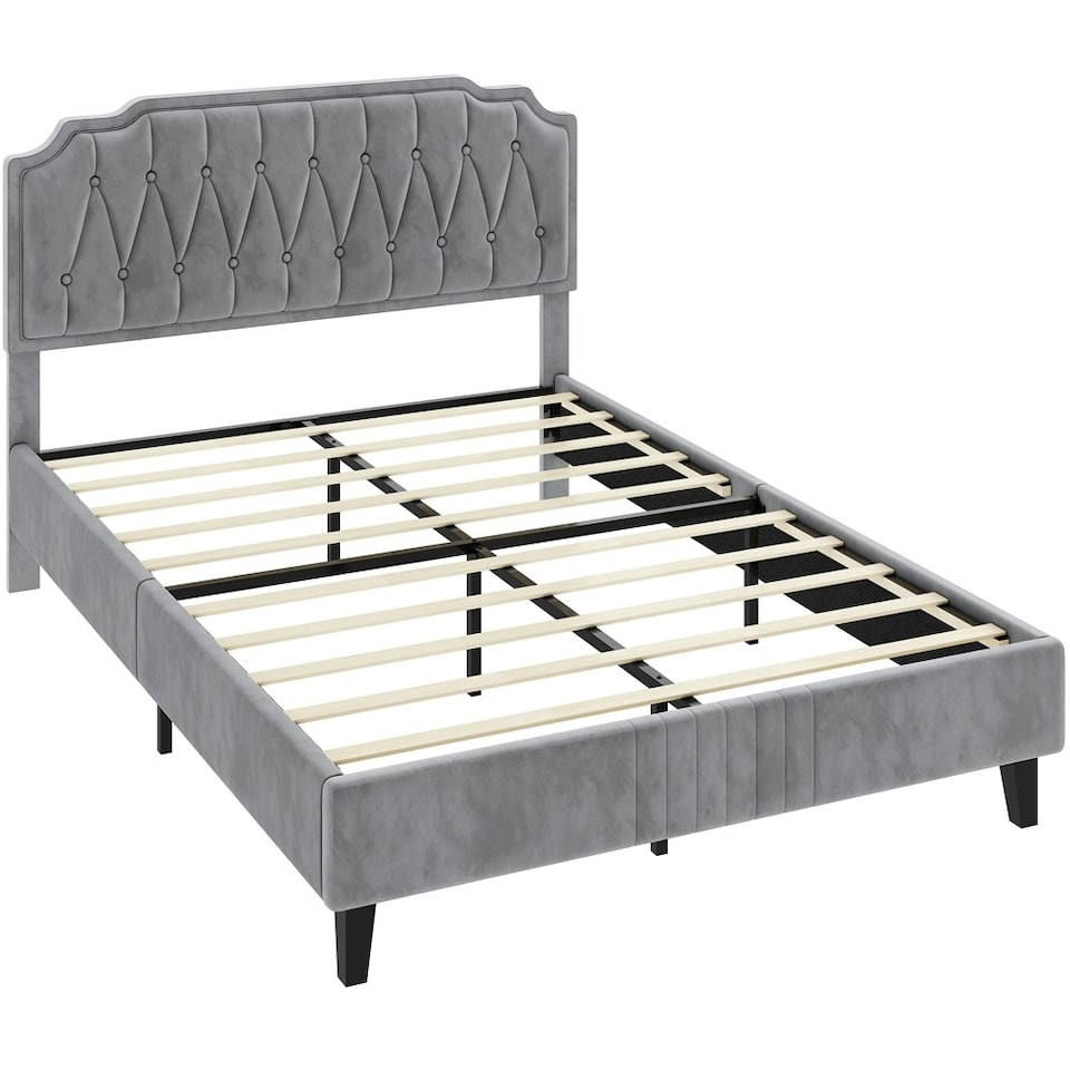 image 1 of Yaheetech 135 cm W x 190 cm L Upholstered Bed Frame with Button-Tufted Headboard Light Grey