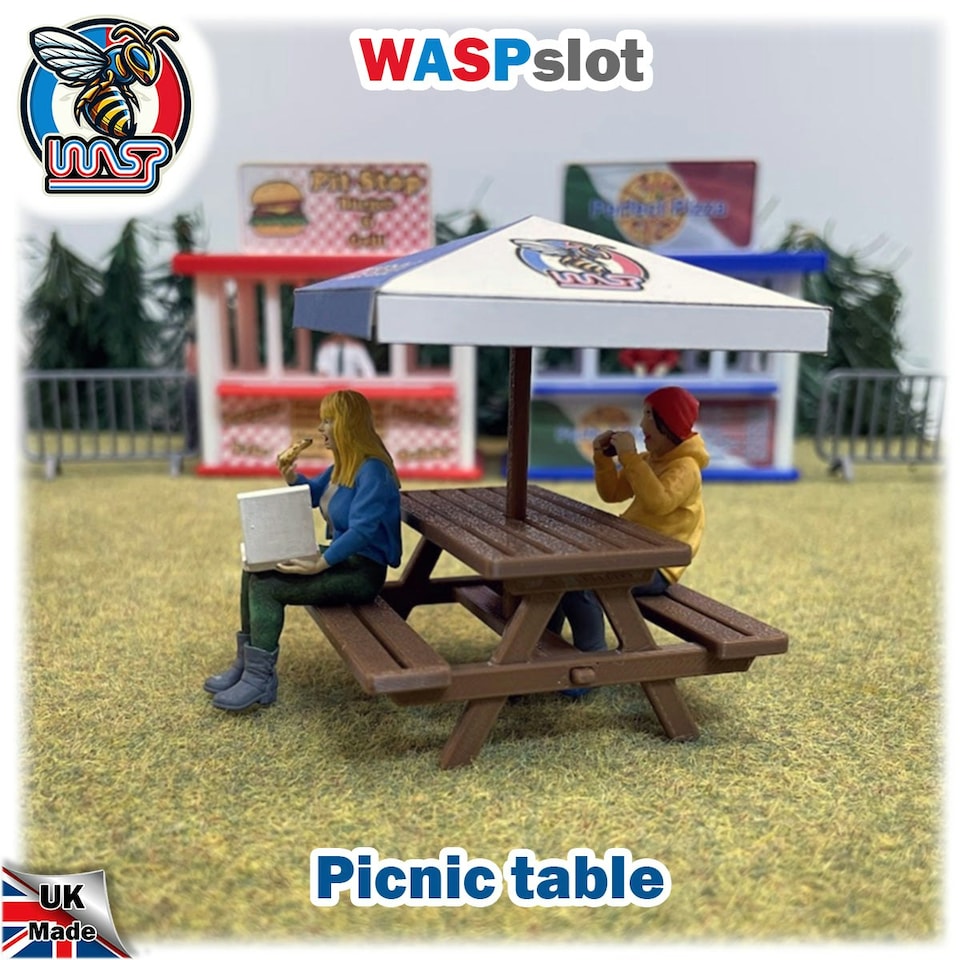 image 1 of Slot Car Scenery Trackside Picnic Table and Umbrella 1:32 Wasp P