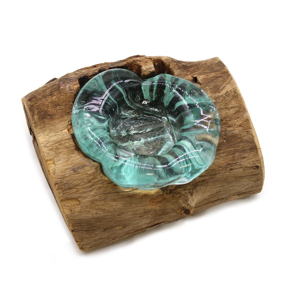 image 1 of Serenityy Molten Glass Single Candle Holder on Wood - Teal Glass, Natural Wood Base