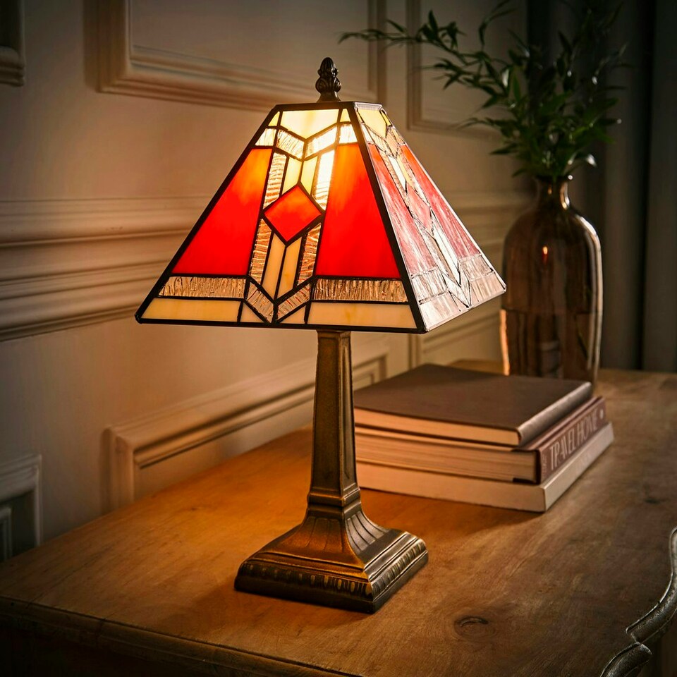 image 1 of ValueLights Tiffany Red Stained Glass Shade Brass Table Lamp Red