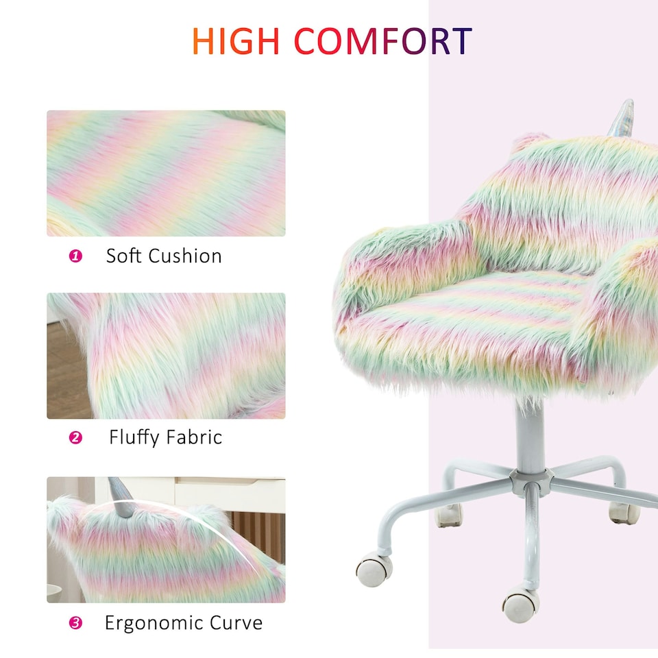 image 1 of Vinsetto Faux Fur Unicorn Desk Chair Fluffy Home Office Chair with Armrests