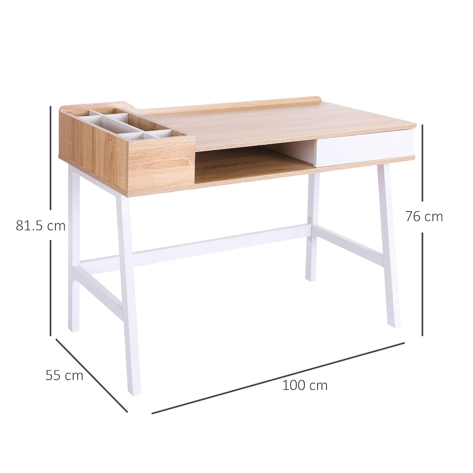 image 1 of HOMCOM Computer Desk, Writing Desk, Study Workstation with Drawer, Storage Compartments, Cable Management, Laptop Table, Metal Frame, 100 x 55 x 81.5cm, Oak and White