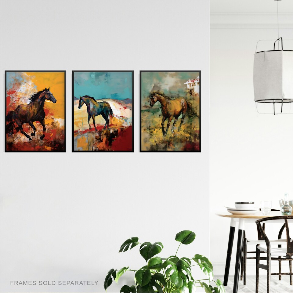 image 1 of Set of 3 Wild Horses Oil Paintings Galloping Wilderness Canada Wall Art Print A4