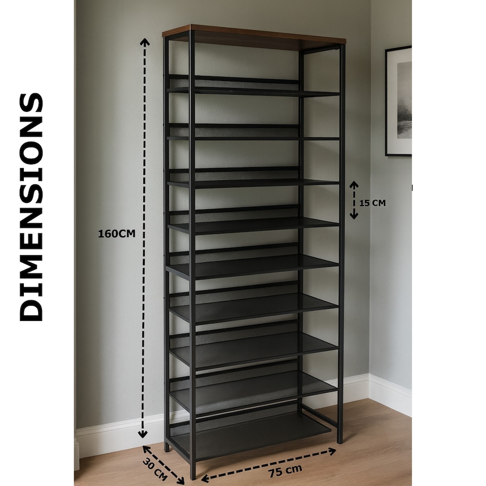 image 1 of Industrial 10 Tier Shoe Rack Hallway Organiser Rustic