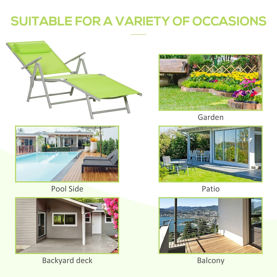 image 1 of Outsunny Sling Patio Reclining Chaise Lounge Garden Furniture Folding, Green