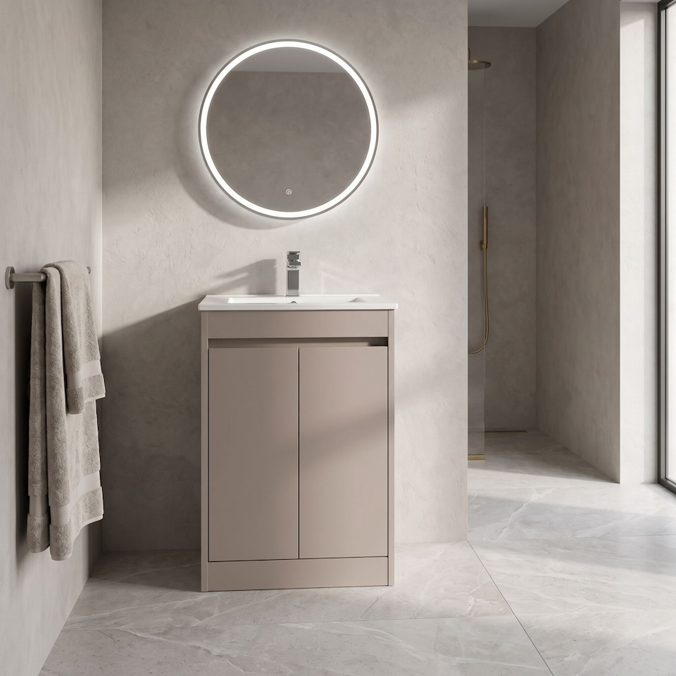 image 1 of Balterley Chartley Contemporary Floor Standing 2 Door Vanity Basin Unit, Minimalist Basin, 500mm, Taupe