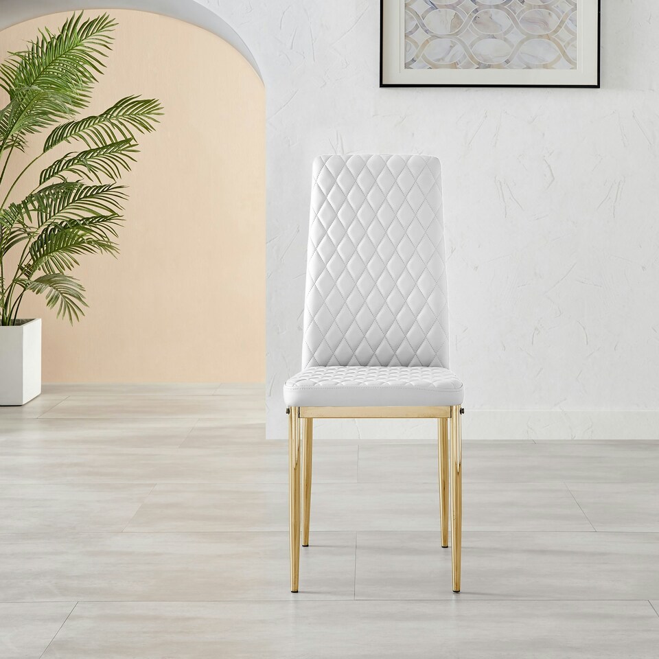 image 1 of Furniturebox 4x Milan White Gold Hatched Faux Leather Dining Chairs