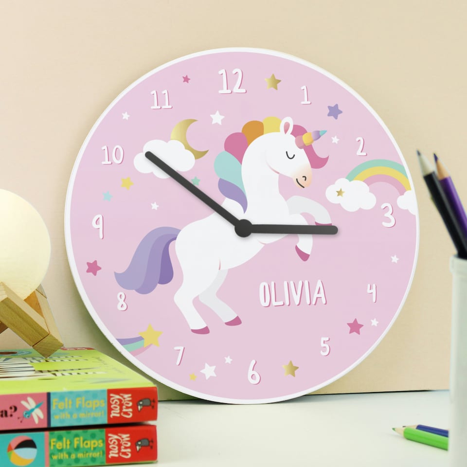 image 1 of Personalised Unicorn Wooden Childrens Clock