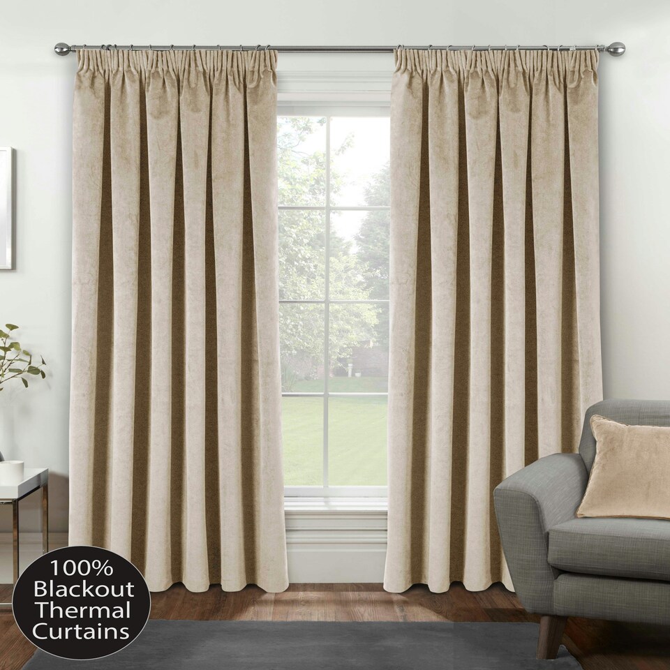 image 1 of Oxford Cream Velvet Curtains 90 x 72 inch (229 x 183 cm) 100% Blackout Pencil Pleat Thermal Noise Reducing Curtains for Bedroom and Living Room