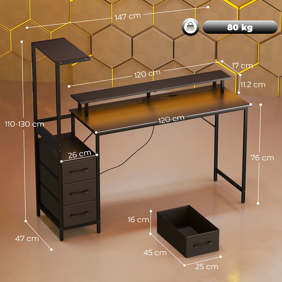 image 1 of HOMCOM 147cm Gaming Desk with Charging Station and RGB Lights, Black | Black | Black with RGB LED | 147 x 47 x 130 cm