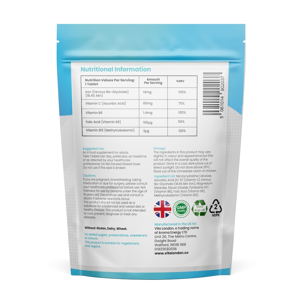 image 1 of Gentle Iron Tablets - Ferrous Bis-Glycinate + Vitamins C, B6, B12 & Folic Acid - 14mg - 120 Tablets