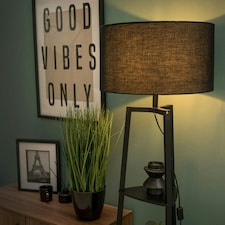 ValueLights Black Wooden 3 Tier Floor Standard Lamp with Storage Shelves- Black/Gold Shade + LED Bulb