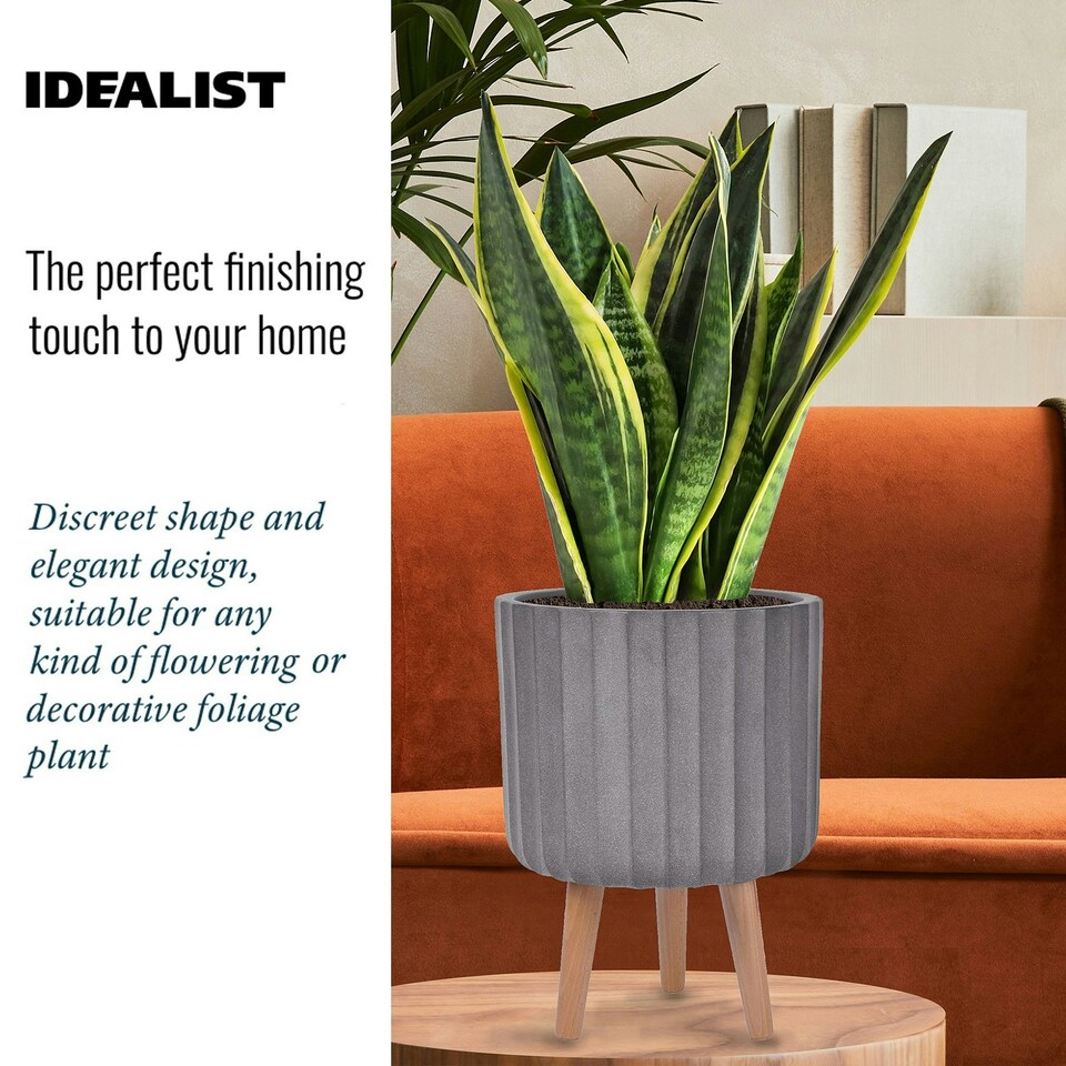 image 1 of Modern Ribbed Taupe Cylinder Planter on Legs, Round Pot Plant Stand Indoor D24 H32 cm, 7.6 ltrs Cap.