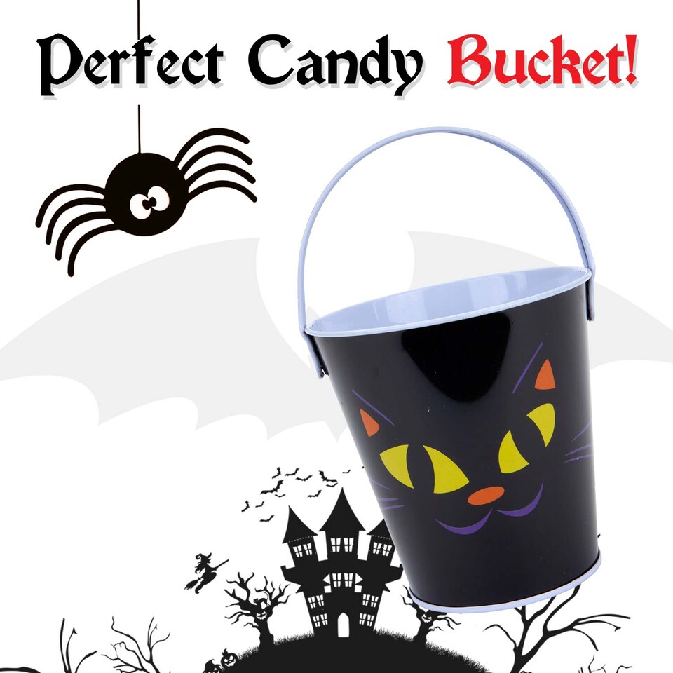 image 1 of VFM e-Store Halloween Candy Bucket - Pumpkin Cat Design - Lightweight Trick-or-Treat Pail