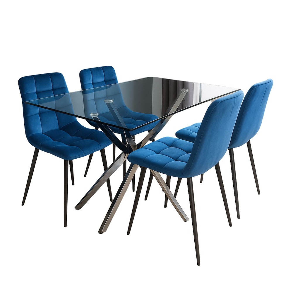 image 1 of Dining Table and 4 Chairs Rectangle Glass Table 4 Grey Velvet Chairs Dining Set