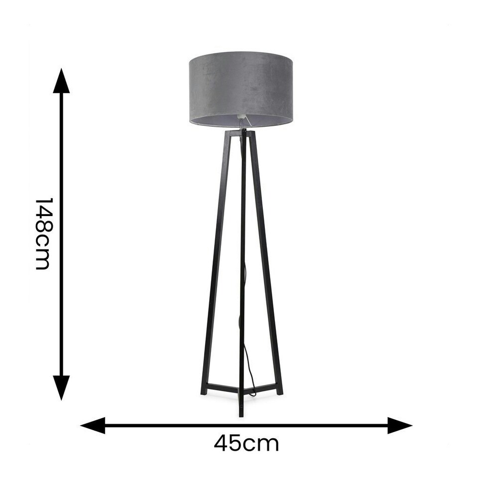 image 1 of ValueLights Lottie Black Wood Tripod Floor Lamp with Grey Velvet Drum Shade