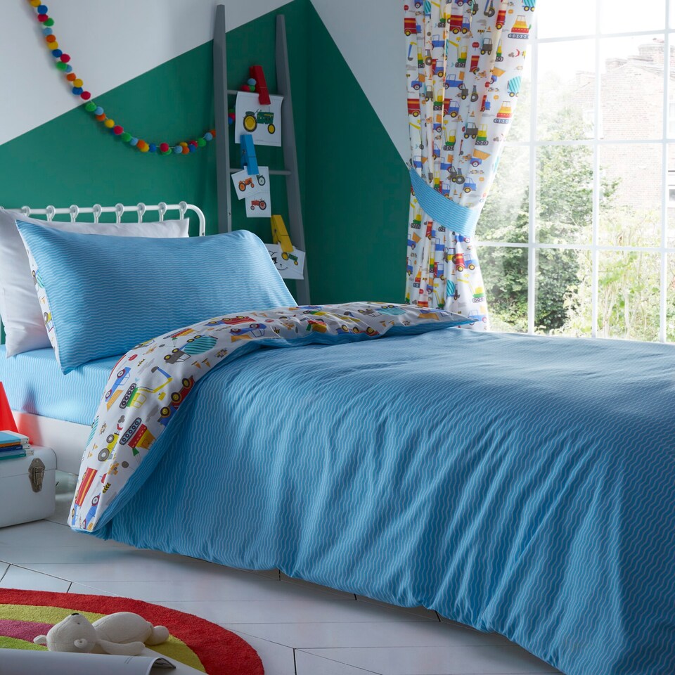 image 1 of Bright Trucks Soft Easy Care Bed Linen Bedding Duvet Cover Quilt Set With Pillow Cases | Multi | Toddler