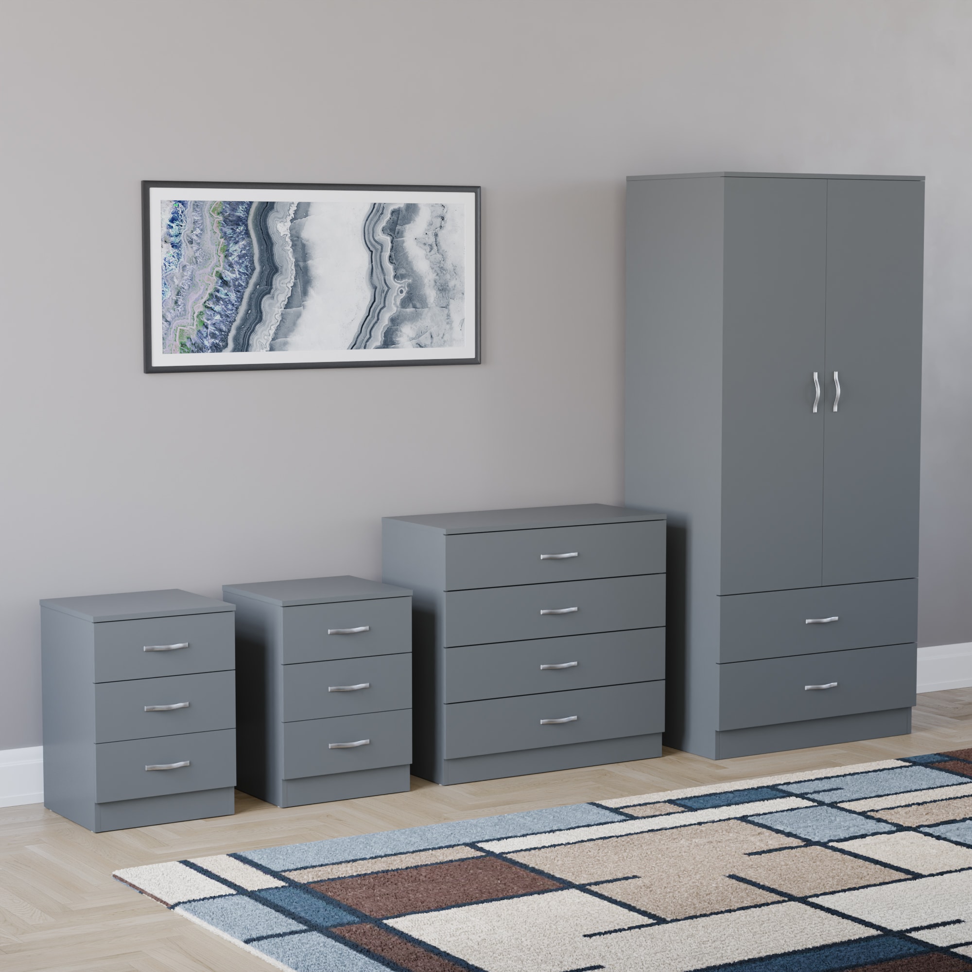 Vida Designs Riano 4 Piece Bedroom Set (2x 3 Drawer Bedside Chest, 5 Drawer Chest, 2 Door 2 Drawer Wardrobe) - Grey