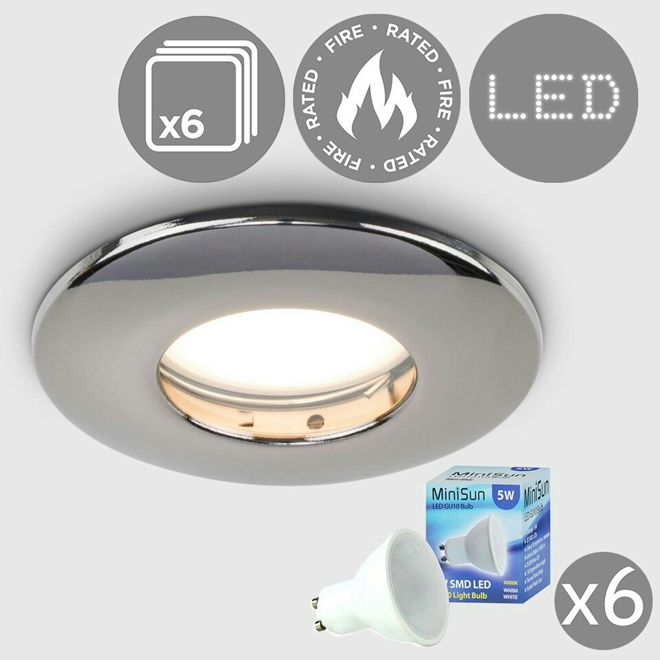 image 1 of ValueLights Pack of 6 Fire Rated Bathroom/Shower IP65 Black Chrome Domed Ceiling Downlights 5w LED Bulbs 3000K Warm White | Black