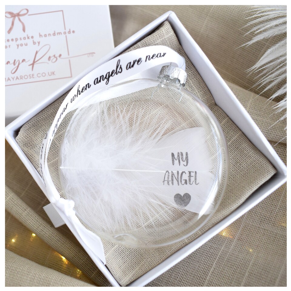 image 1 of In Memory of My Angel Feather Round Bauble Gift Boxed. Memorial Decor