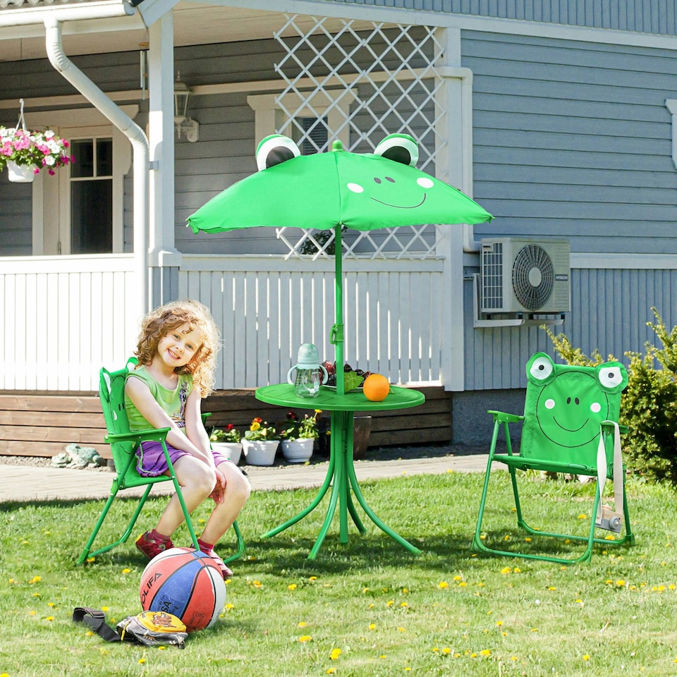 image 1 of Outsunny Foldable Patio Kids Metal Picnic Table w/ Frog Umbrella Green 4-piece