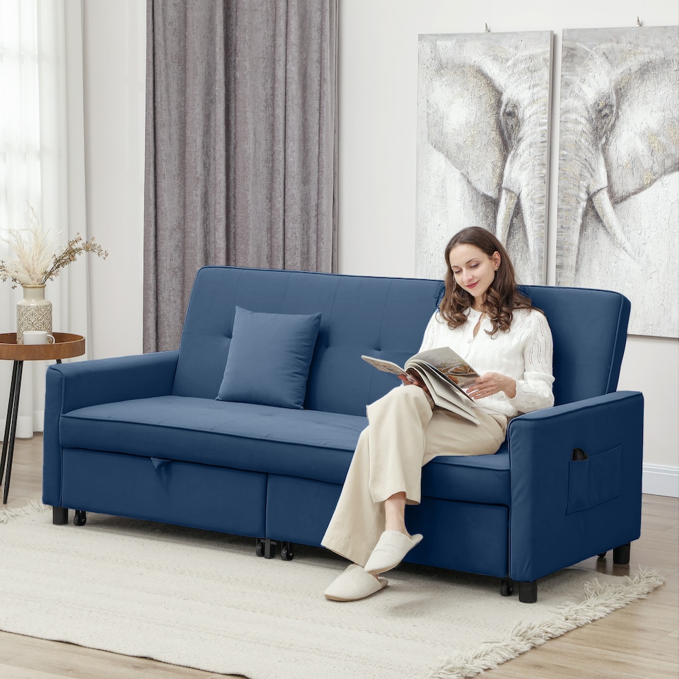 image 1 of HOMCOM Sectional Sofa Bed, L-Shaped 3 Seater Sofa Bed, Reversible Sleeper Sofa with Pull Out Couch Bed, Cushions, Fabric Futon Sofa Bed for Living Room, Blue