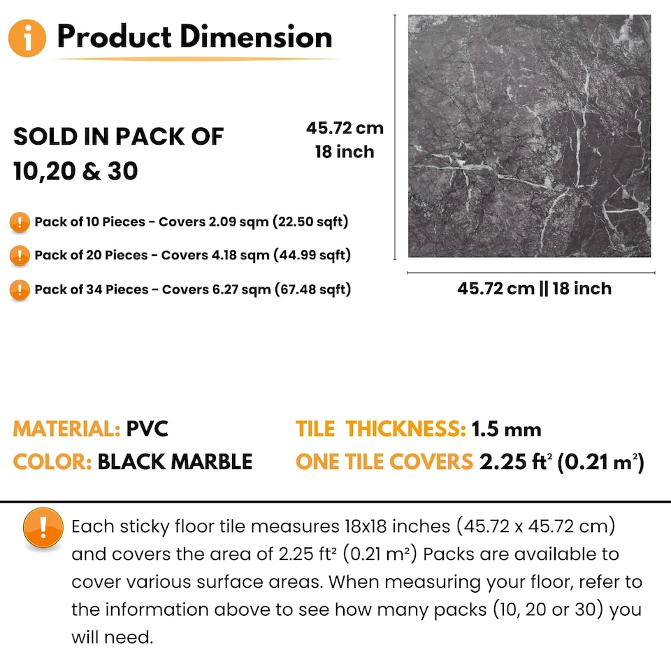 image 1 of NOVECRAFTO Self Adhesive Vinyl Floor Tiles - 6 Black Marble Peel & Stick Sheets 18"x18" (45.72x45.72cm) - Waterproof Square Vinyl Flooring for Kitchen Black | 4.18 sqm