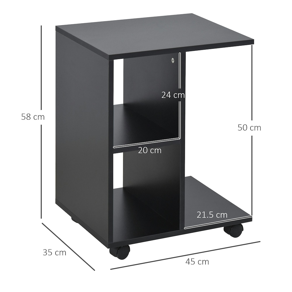 image 1 of HOMCOM C-Shape End Table Storage Unit w/ 2 Shelves 4 Wheels Black Yellow