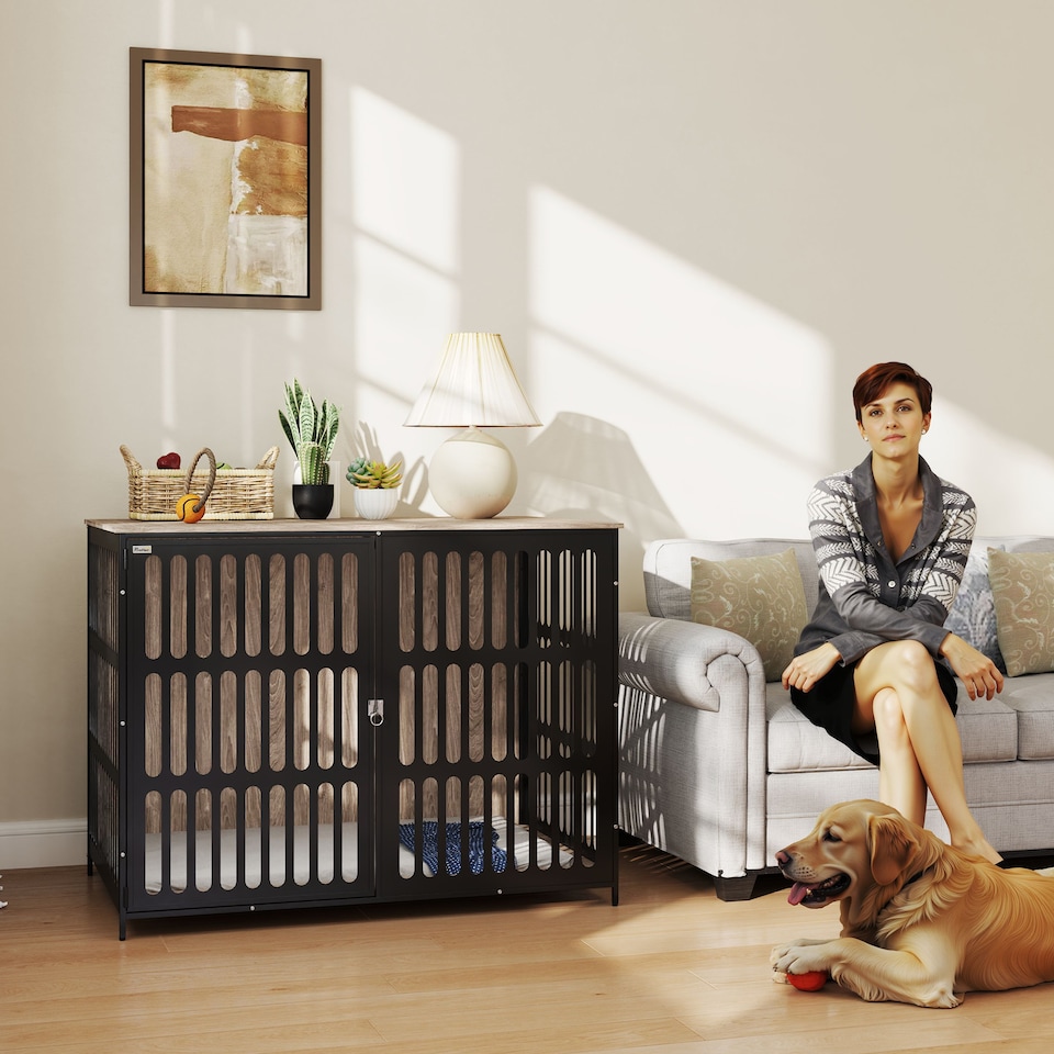 image 1 of PawHut Dog Crate Furniture with Anti-Chew Resistant Mesh | Brown