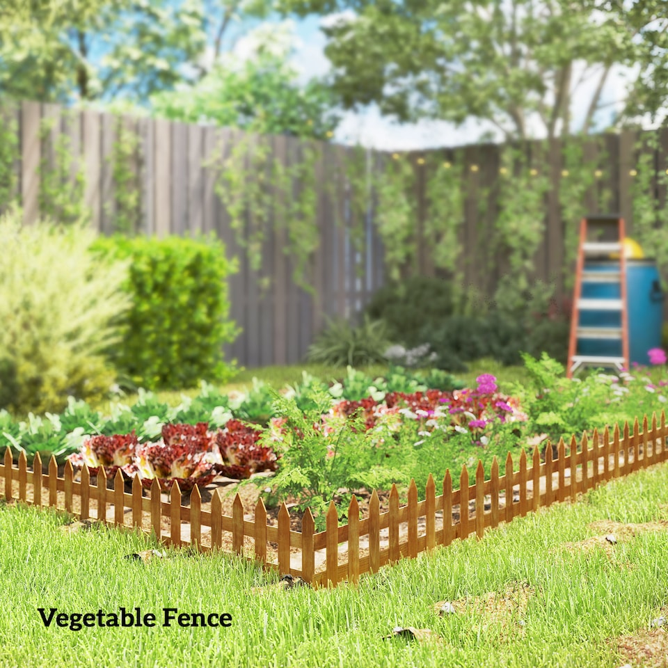 image 1 of Outsunny Pack of 12 Wooden Plant Border Fence Garden Fixed Picket Fence Brown