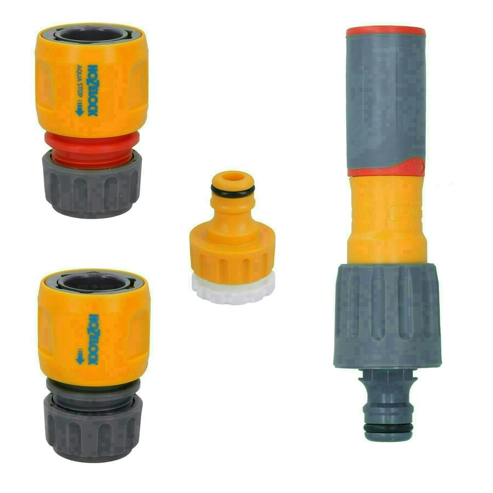 image 1 of 4PC Hozelock Garden Hose Fittings Tap Connectors Sprayer Nozzle Starter Kit