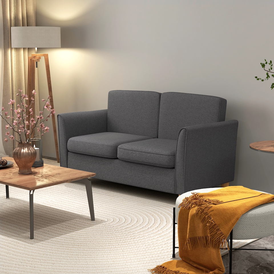 image 1 of HOMCOM 2 Seater Sofa, Compact Loveseat, Linen Upholstered Couch with Wood Legs and Armrest, Small Sofa for Living Room and Home Office Dark Grey