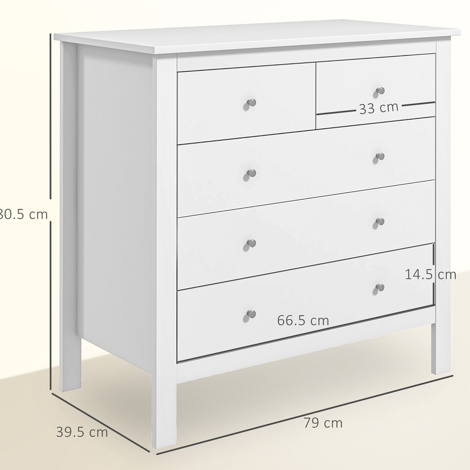 image 1 of HOMCOM Modern Chest of Drawers, 5 Drawer Storage Cabinet with Metal Handles and Runners for Bedroom, White