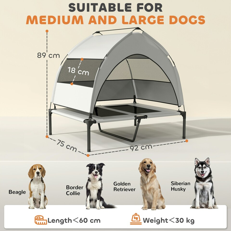 image 1 of PawHut Portable Elevated Dog Bed with Removable Canopy, 92 x 75 x 89 cm Grey | M