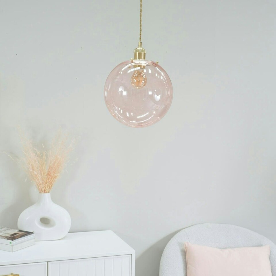 image 1 of ValueLights Frenchie Pink Tinted Glass Globe Gold Easy Fit Lamp Shade