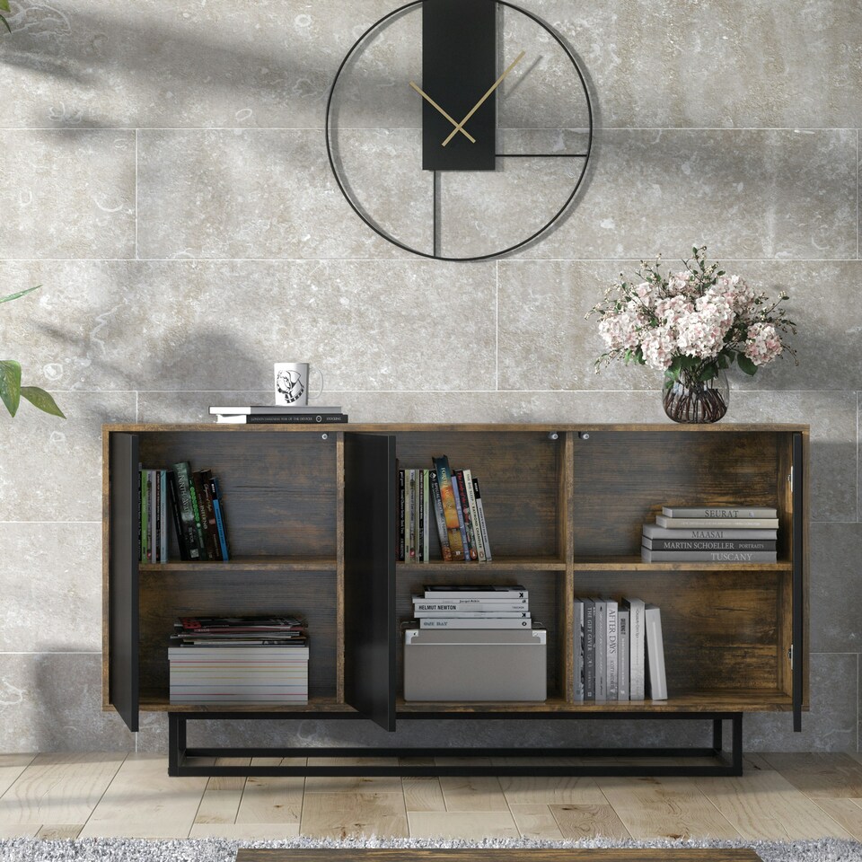 image 1 of Sideboard 160cm Industrial Oak & Black Matt – 3 Door Storage Cabinet with Metal Legs Bronze | Black