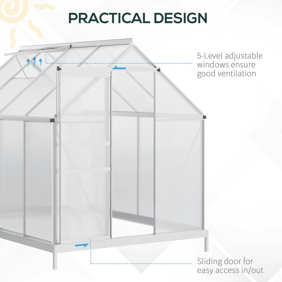 image 1 of Outsunny Polycarbonate Walk-in Garden Greenhouse w/ Sliding Door Silver Tone