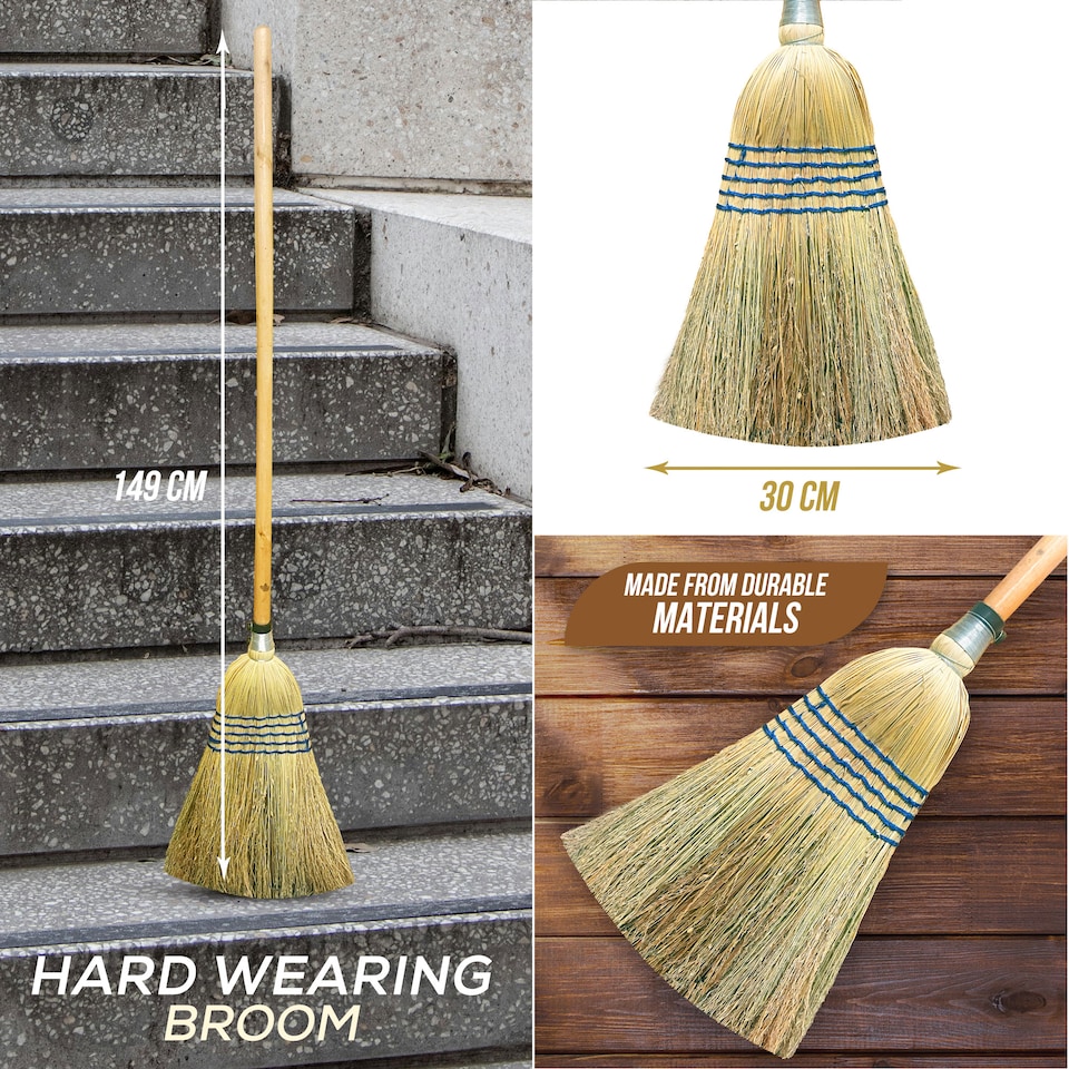 image 1 of Traditional Corn Broom with Natural Straw Bristles Yard Sweeper
