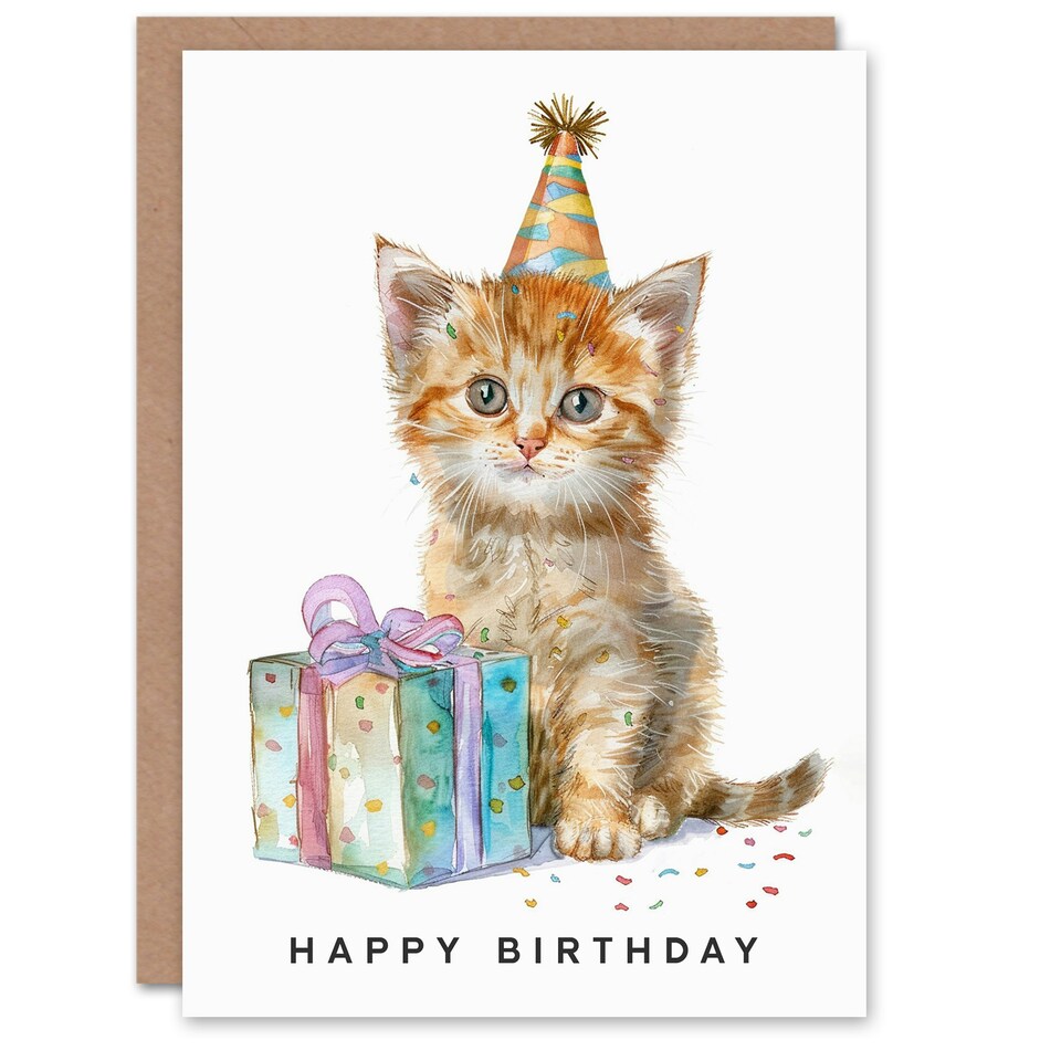 image 1 of Adorable Kitten Pet Party Hat Girl Boy Kids Birthday Card