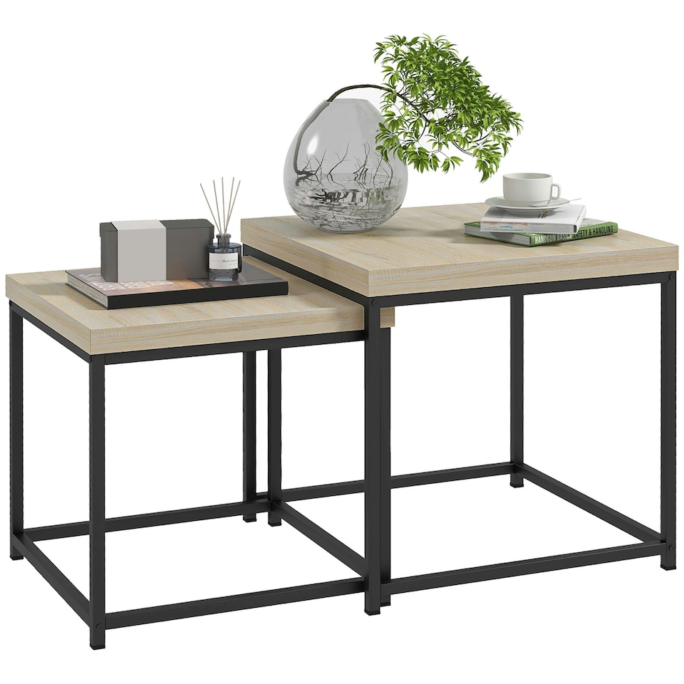 image 1 of HOMCOM Coffee Table Set of 2 with 3.5cm Thick Tabletop, Oak