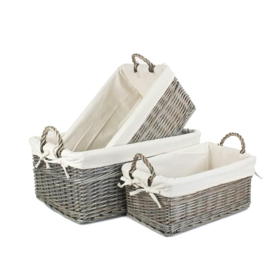image 1 of Medium Shallow Antique Wash Lined Storage Wicker Basket | White | White