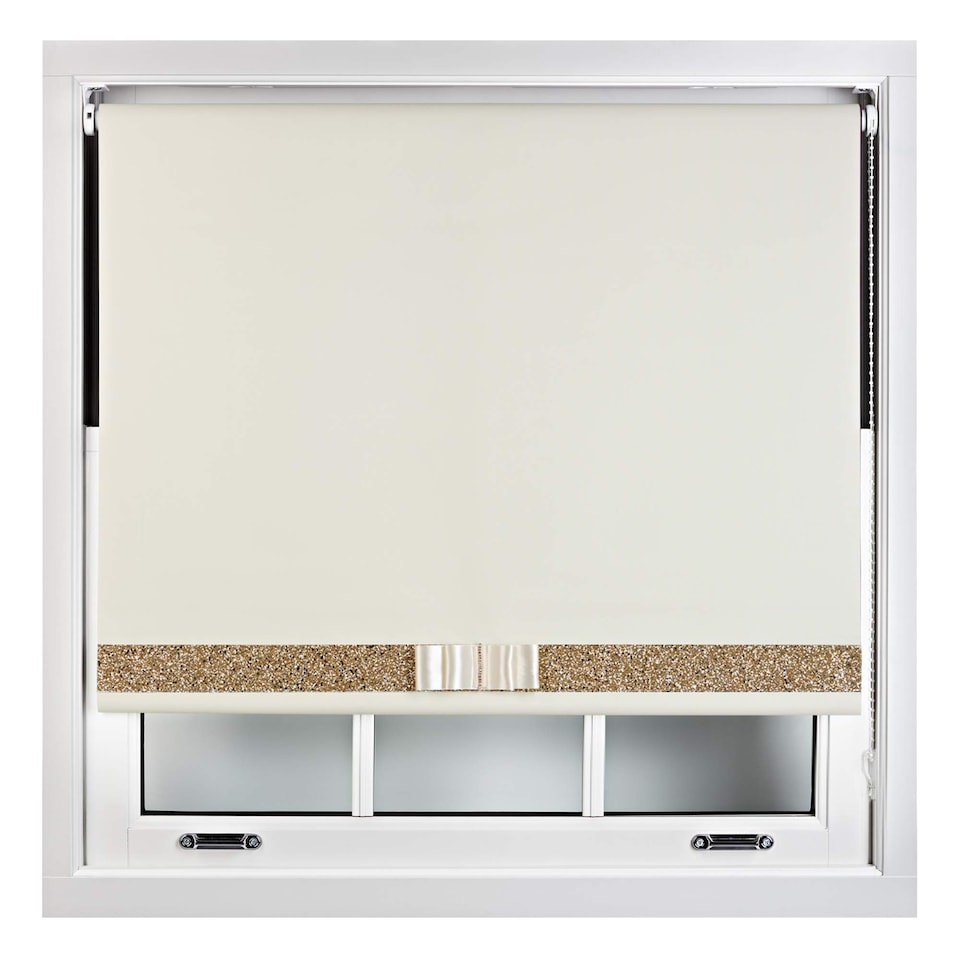 image 1 of FURNISHED Blackout Roller Blind with Gold Glitter Trim and Cream Bow Trimmable Window Shade | Cream | Cream | (W) 230cm x (L) 210cm