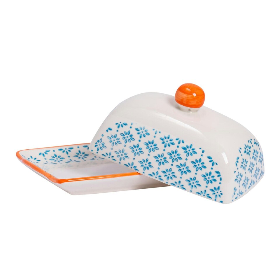 image 1 of Nicola Spring Hand-Printed Butter Dish - 18.5 x 12cm - Blue Multi