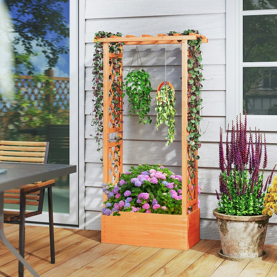 image 1 of COSTWAY Raised Garden Bed Wood Planter Box with Trellis Orange