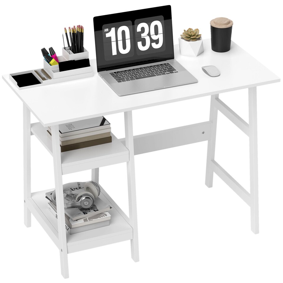 image 1 of HOMCOM Compact Computer Desk with Storage Shelves, Study Table with Bookshelf, PC Table Workstation for Home Office, Study, Easy Assembly, 106 x 51cm, White | White